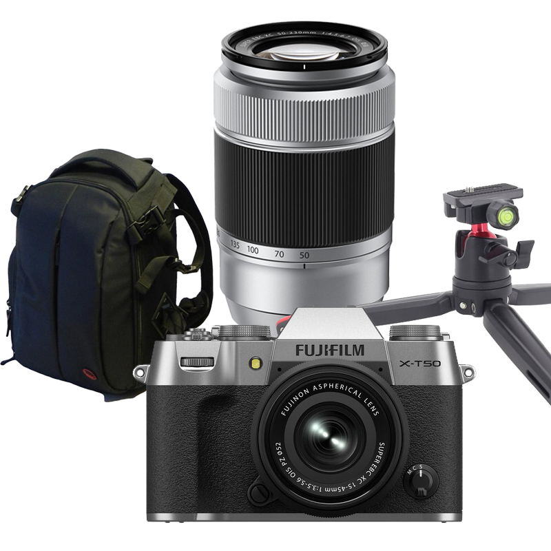 FUJIFILM X-T50 SILVER + XC 15-45mm + XC 50-230mm + ZAINO REPORTER + TREPPIEDE FOTOBESTWAY DA TAVOLO